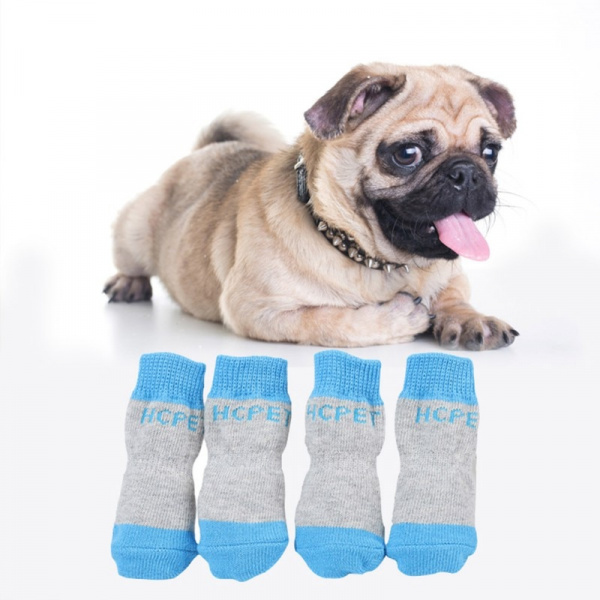 Chaussure tricotée 4 pièces pour chien Chaussure pour chien Vêtement chien couleur: Bleu|Noir