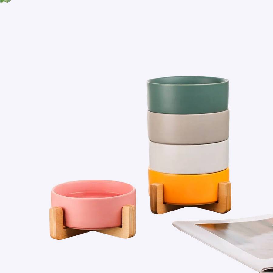 Gamelle en céramique avec un support en bois Gamelle en céramique avec un support en bois Accessoire chien Gamelle chien couleur: Blanc|Gris|Jaune|Rose|Vert