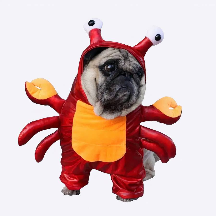 Déguisement halloween pour chien homard Déguisement Halloween pour chien en forme de homard rouge et orange porté par un chien au pelage beige