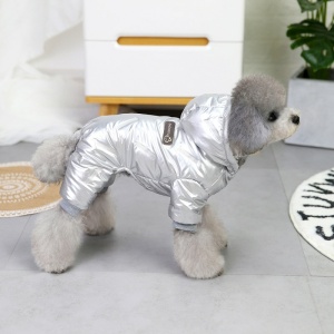 Doudoune pour chien de couleur grise porté par un chien au pelage gris sur un sol gris et à côté d'un meuble blanc et jaune et d'un tapis blanc et noir, et d'un autre tapis de couleur beige