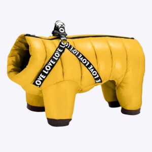 Doudoune pour chien jaune avec harnais noir et blanc