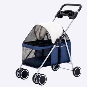 Un chariot pour chien bleu noir et blanc sur fond blanc.