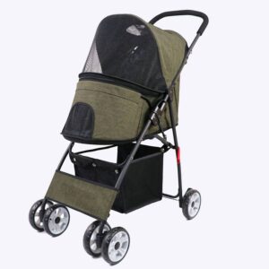 Un chariot pour chien kaki et noir sur fond blanc.