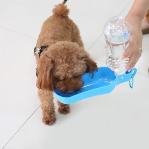 Un chien marron qui bois dans une gourde pour chien bleue. Le sol est blanc.