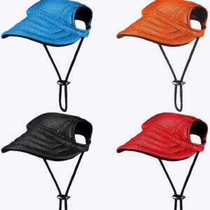Quatre casquettes pour chien avec cordon ajustable. Bleue, orange, noire et rouge. Sur fond blanc.