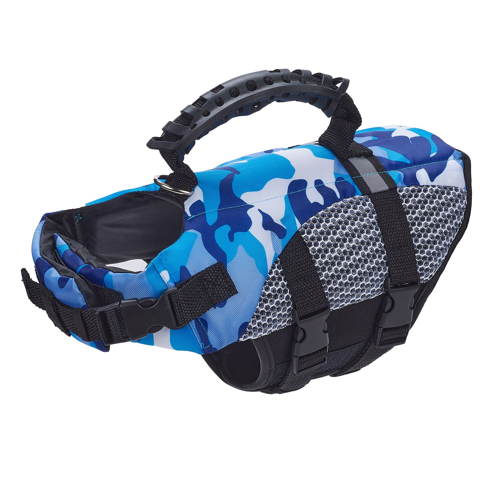 gilet de sauvetage bleu avec motif camouflage pour chien avec une poignée au dessus