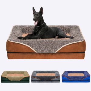 Chien installé dans un lit pour chien grande taille , et en dessous le même modèle est présenté dans d'autres couleurs, le tout est présenté sur un fond blanc
