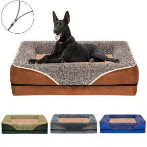 Chien installé dans un lit pour chien grande taille , et en dessous le même modèle est présenté dans d'autres couleurs, le tout est présenté sur un fond blanc