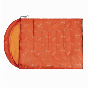 sac de couchage pour chien orange avec des os dessinés dessus