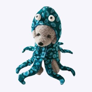 chien vêtu d'un déguisement de pieuvre bleu avec capuche
