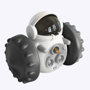 Un petit robot bascule avec roues grises qui récompensera l'animal lors de jeu