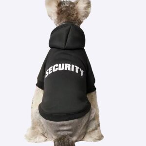 Un petit chien de dos portant un sweat à capuche noir avec une inscription security.